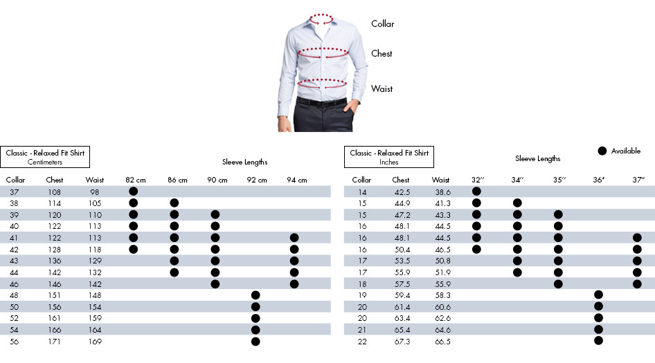 Dress Shirt Arm Length Size Chart